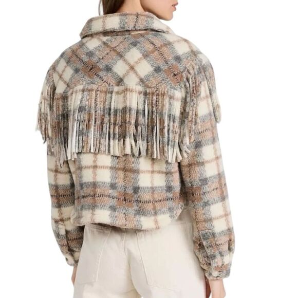 BLANK NYC Jacket WMNS L Beige Wool Blend Plaid Take Note Fringe Cropped Western - Picture 13 of 16